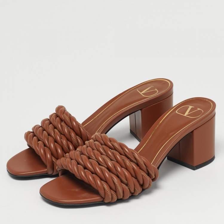 Pre Owned Valentino Size 36 Brown Leather Rope Braided Block Heel Slide Sandals
