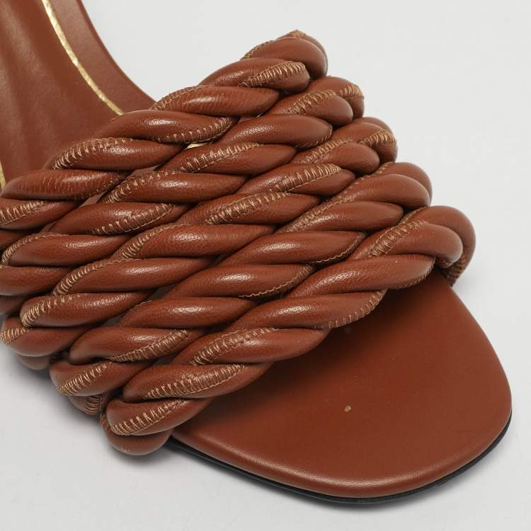 Pre Owned Valentino Size 36 Brown Leather Rope Braided Block Heel Slide Sandals