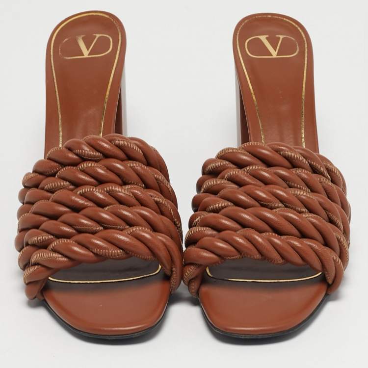 Pre Owned Valentino Size 36 Brown Leather Rope Braided Block Heel Slide Sandals