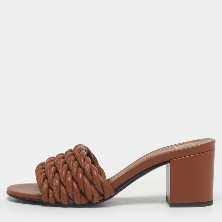 Pre Owned Valentino Size 36 Brown Leather Rope Braided Block Heel Slide Sandals