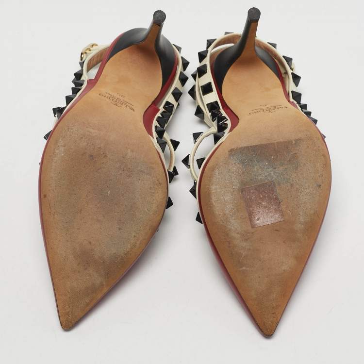 Pre Owned Valentino Rockstud Size 35 Red/White Leather Ankle Strap Pumps