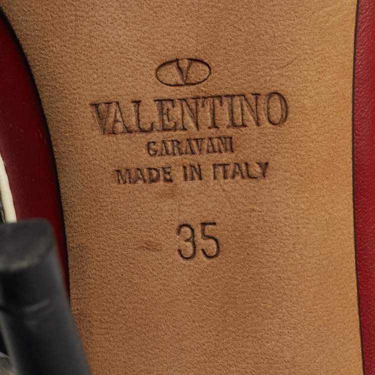 Pre Owned Valentino Rockstud Size 35 Red/White Leather Ankle Strap Pumps