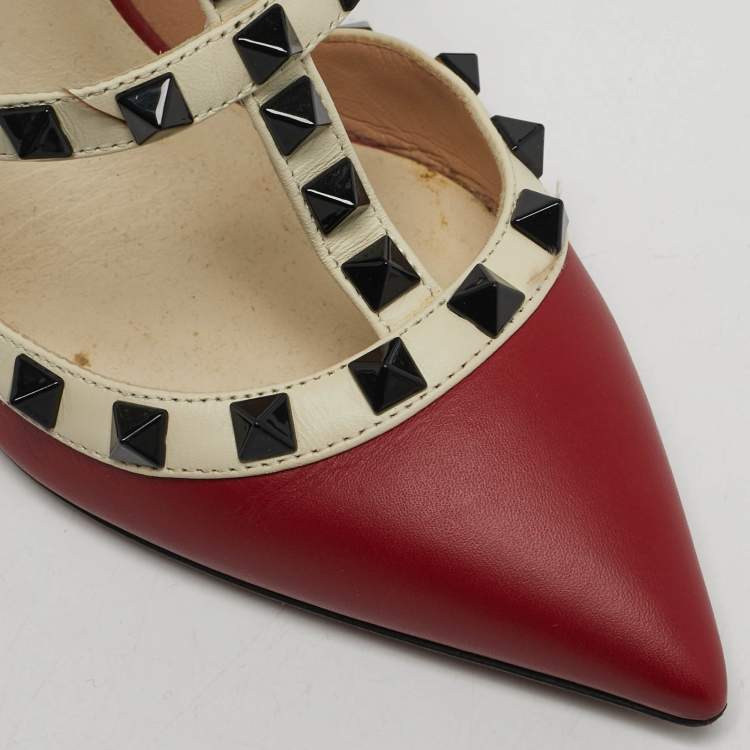 Pre Owned Valentino Rockstud Size 35 Red/White Leather Ankle Strap Pumps