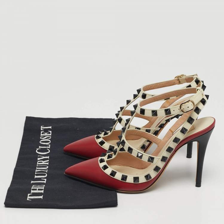 Pre Owned Valentino Rockstud Size 35 Red/White Leather Ankle Strap Pumps