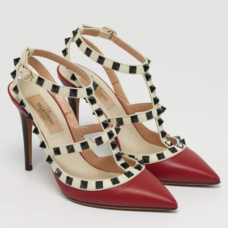 Pre Owned Valentino Rockstud Size 35 Red/White Leather Ankle Strap Pumps