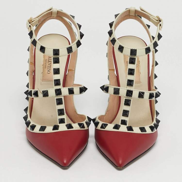 Pre Owned Valentino Rockstud Size 35 Red/White Leather Ankle Strap Pumps