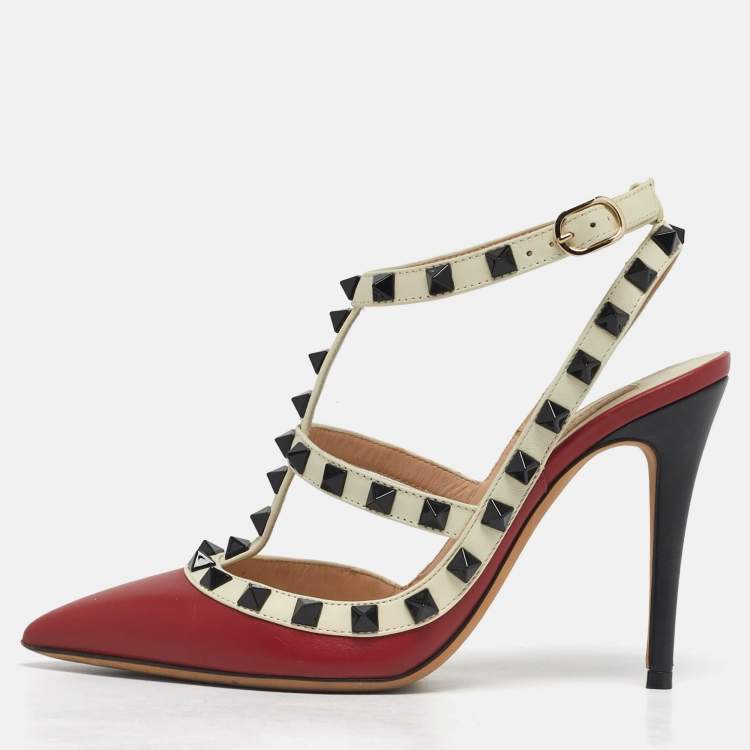 Pre Owned Valentino Rockstud Size 35 Red/White Leather Ankle Strap Pumps