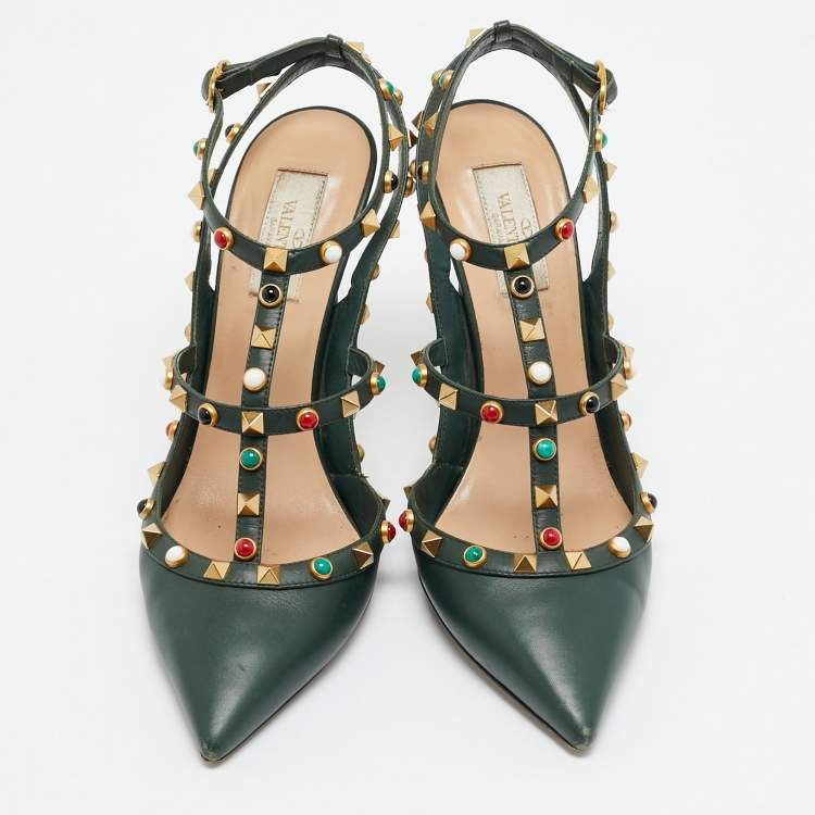 Pre Owned Valentino Rockstud Size 40 Green Leather Pumps