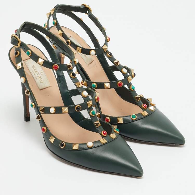 Pre Owned Valentino Rockstud Size 40 Green Leather Pumps
