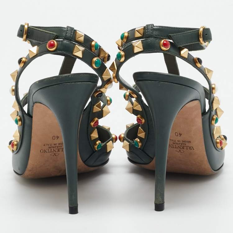 Pre Owned Valentino Rockstud Size 40 Green Leather Pumps