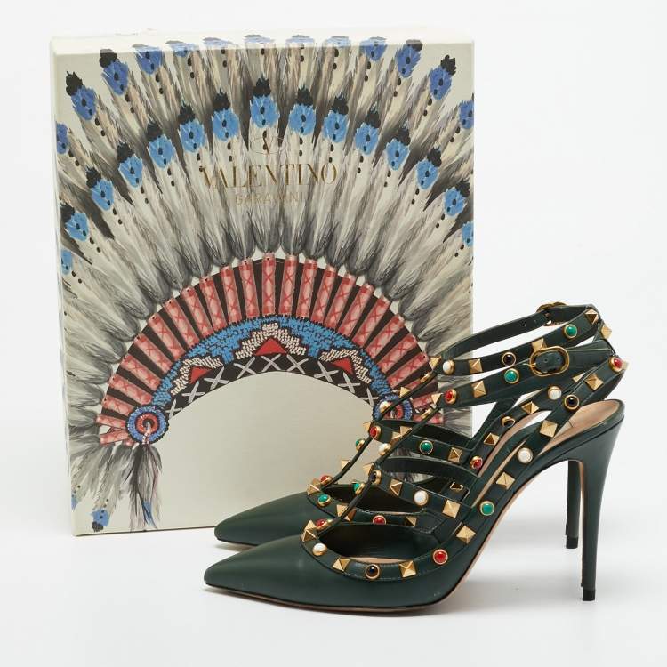 Pre Owned Valentino Rockstud Size 40 Green Leather Pumps