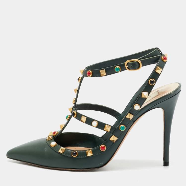 Pre Owned Valentino Rockstud Size 40 Green Leather Pumps