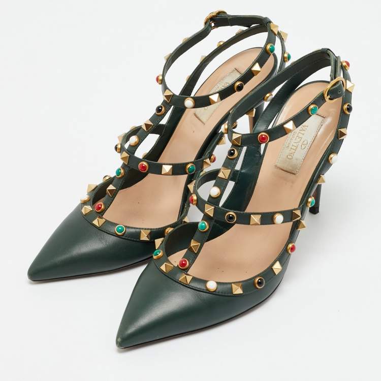 Pre Owned Valentino Rockstud Size 40 Green Leather Pumps