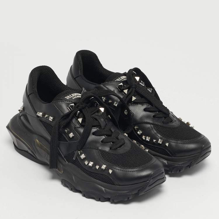 Pre Owned Valentino Bounce Size 36 Black Leather and Mesh Lace Up Sneakers