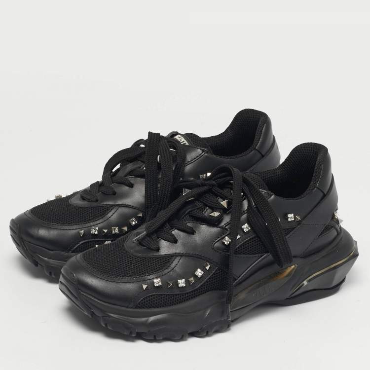 Pre Owned Valentino Bounce Size 36 Black Leather and Mesh Lace Up Sneakers
