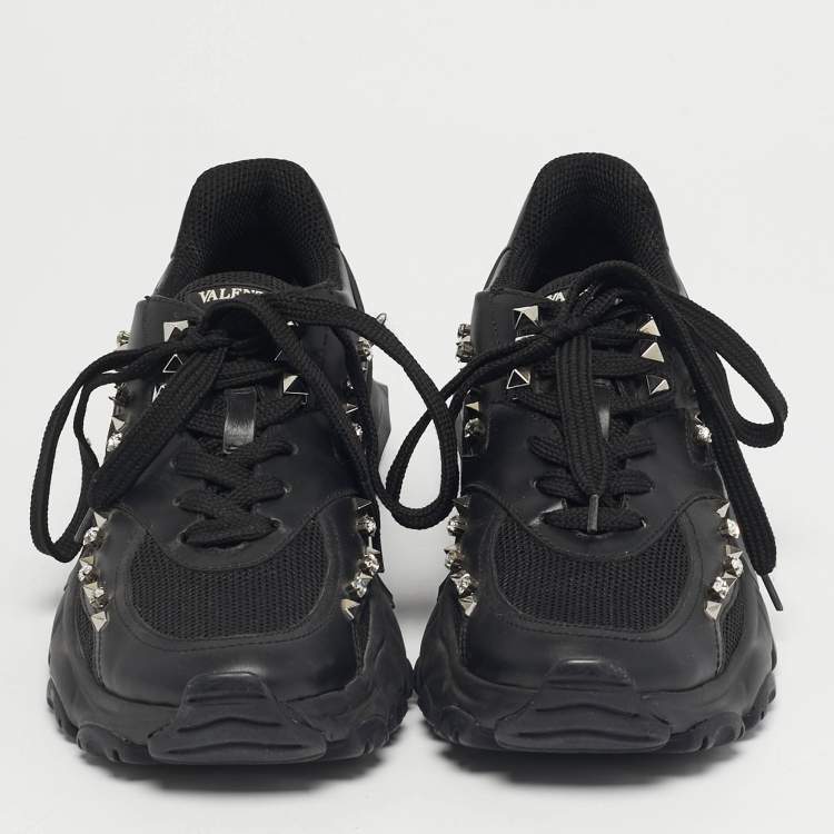 Pre Owned Valentino Bounce Size 36 Black Leather and Mesh Lace Up Sneakers