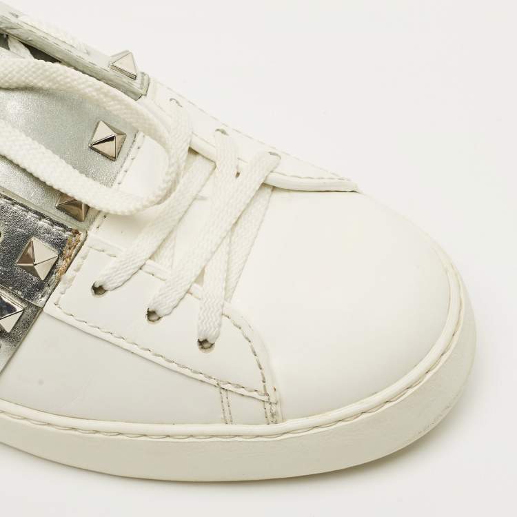 Pre Owned Valentino Rockstud Size 39 White/Silver Leather Low Top Sneakers