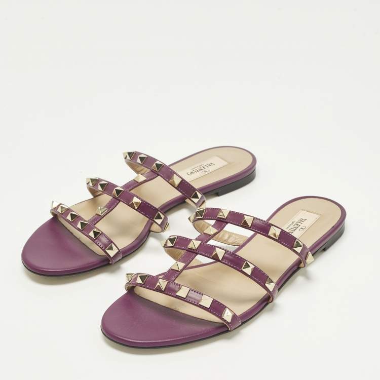 Pre Owned Valentino Rockstud Size 38 Purple Leather Flat Slides 
