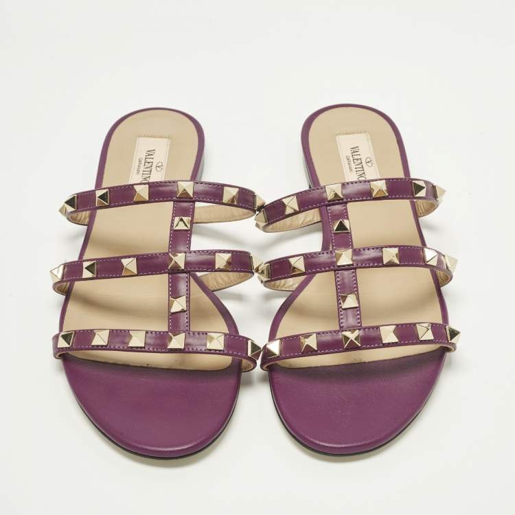 Pre Owned Valentino Rockstud Size 38 Purple Leather Flat Slides 