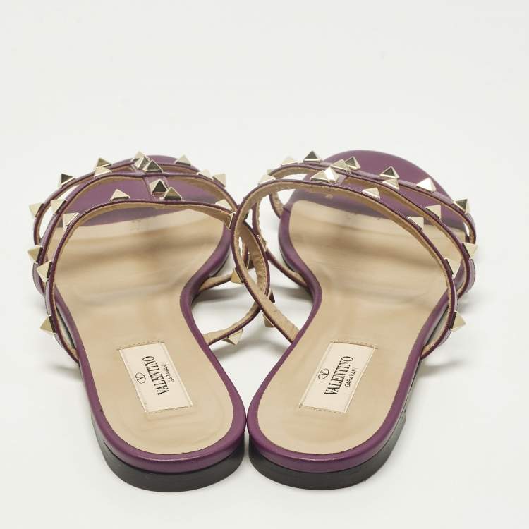 Pre Owned Valentino Rockstud Size 38 Purple Leather Flat Slides 
