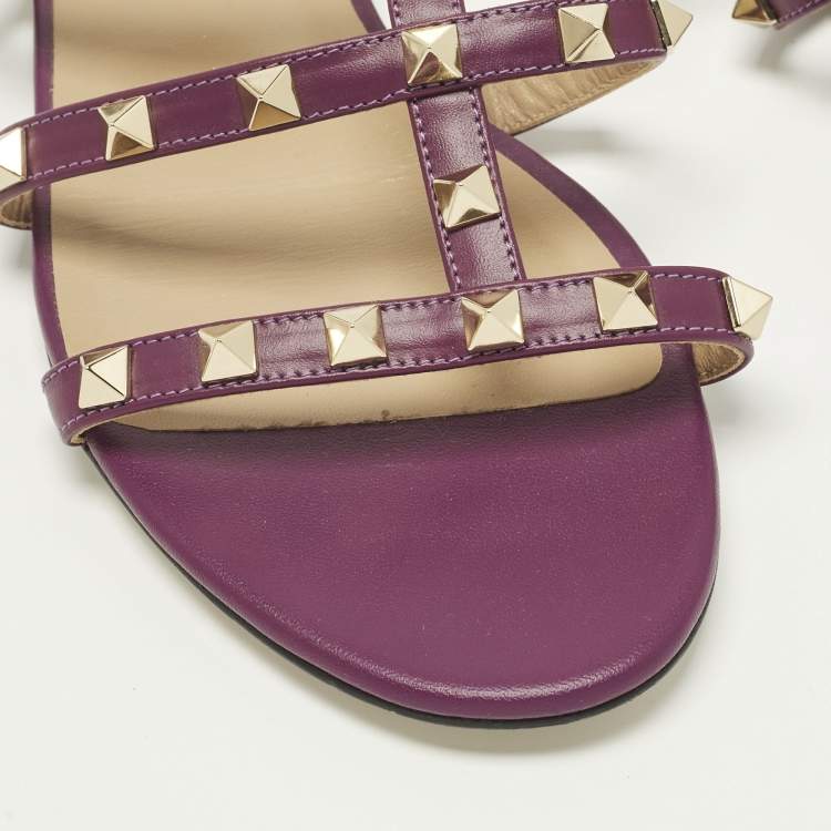 Pre Owned Valentino Rockstud Size 38 Purple Leather Flat Slides 