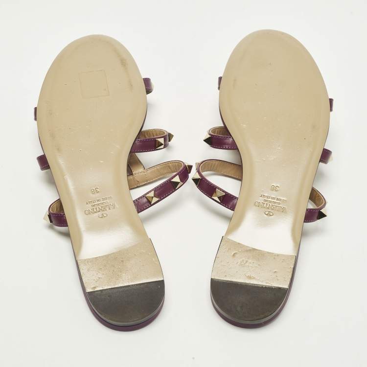 Pre Owned Valentino Rockstud Size 38 Purple Leather Flat Slides 