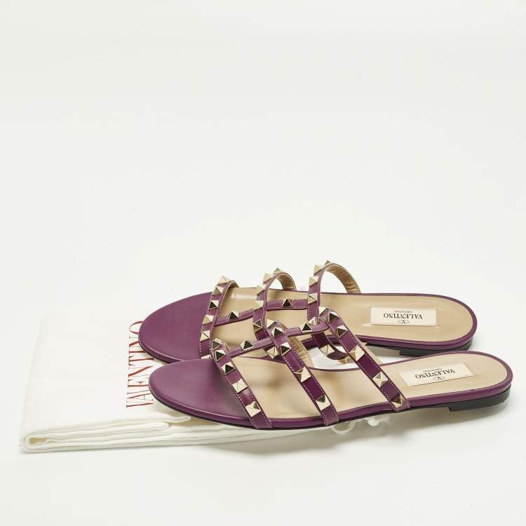 Pre Owned Valentino Rockstud Size 38 Purple Leather Flat Slides 