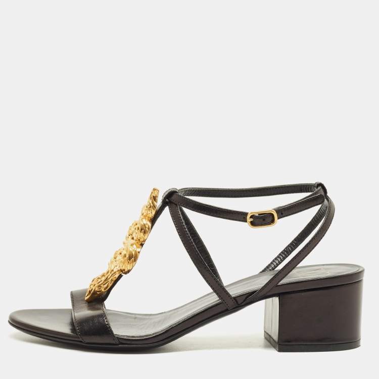 Pre Owned Valentino Size 35.5 Black Leather Snake Embellished Ankle Strap Sandals