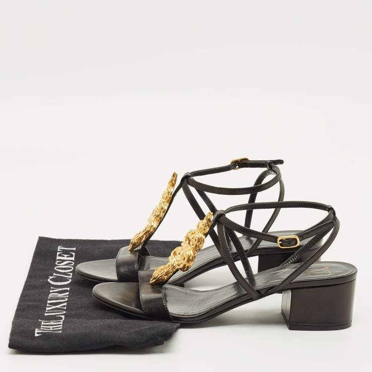 Pre Owned Valentino Size 35.5 Black Leather Snake Embellished Ankle Strap Sandals