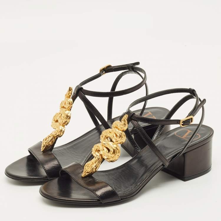 Pre Owned Valentino Size 35.5 Black Leather Snake Embellished Ankle Strap Sandals