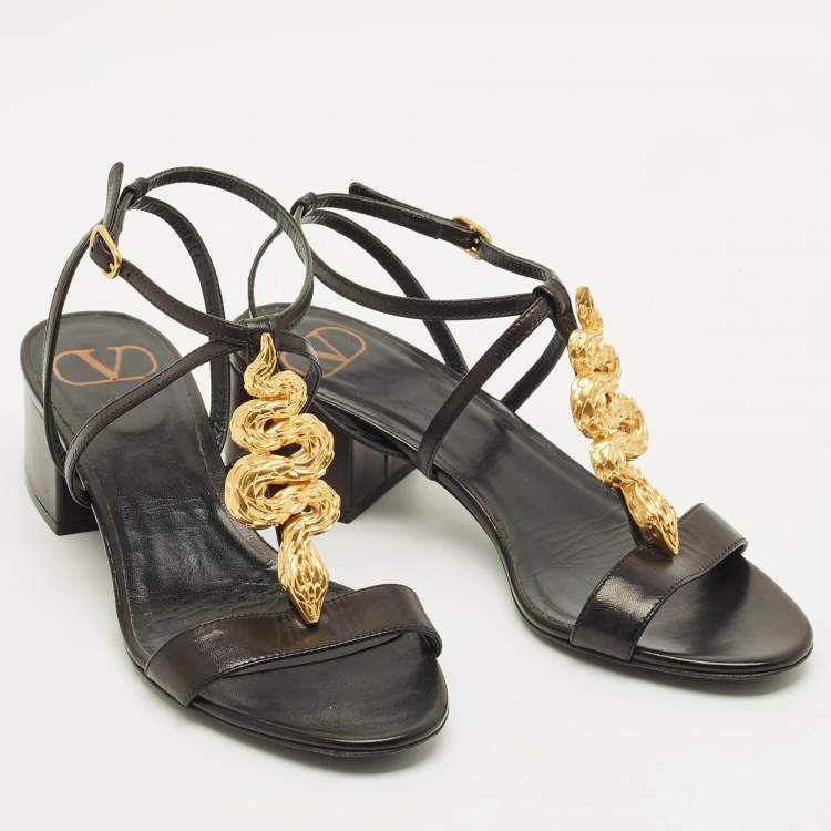Pre Owned Valentino Size 35.5 Black Leather Snake Embellished Ankle Strap Sandals