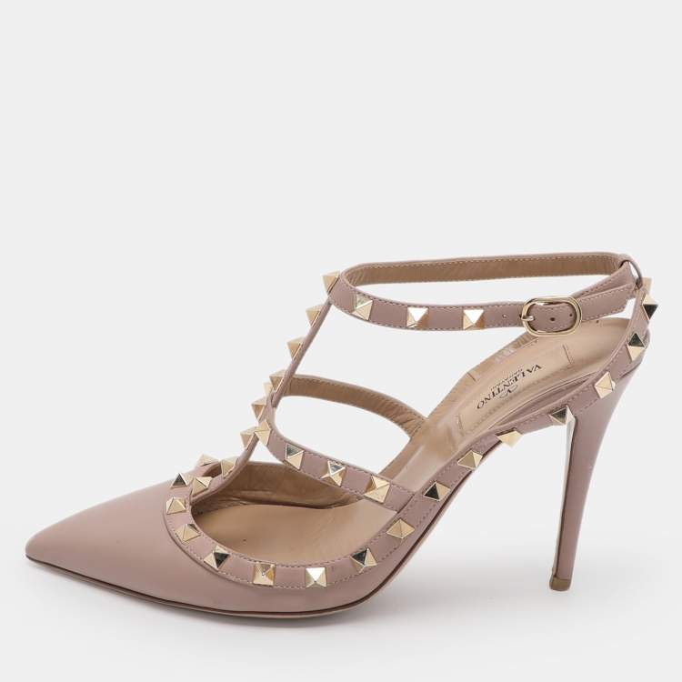 مملوكة مسبقًا Valentino Rockstud Size 39.5 Beige Leather Ankle Strap Pumps