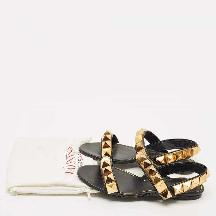Pre Owned Valentino Roman Stud Size 36.5 Black Leather Slingback Flat Sandals