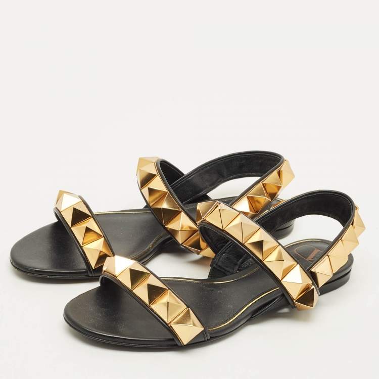 Pre Owned Valentino Roman Stud Size 36.5 Black Leather Slingback Flat Sandals