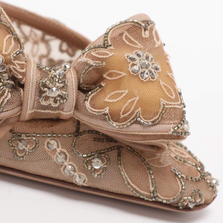 Pre Owned Valentino Embellished Bow Size 39 Beige Mesh Mules