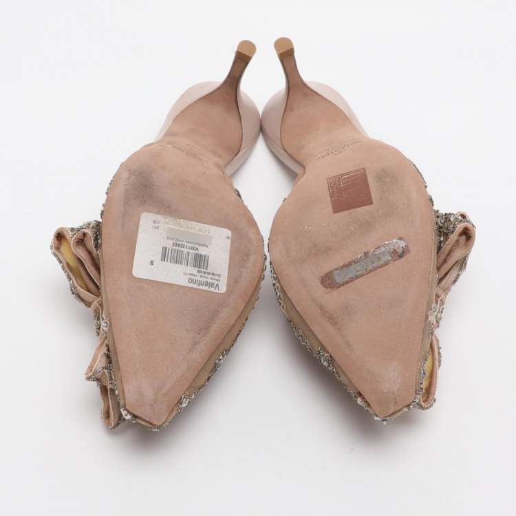 Pre Owned Valentino Embellished Bow Size 39 Beige Mesh Mules
