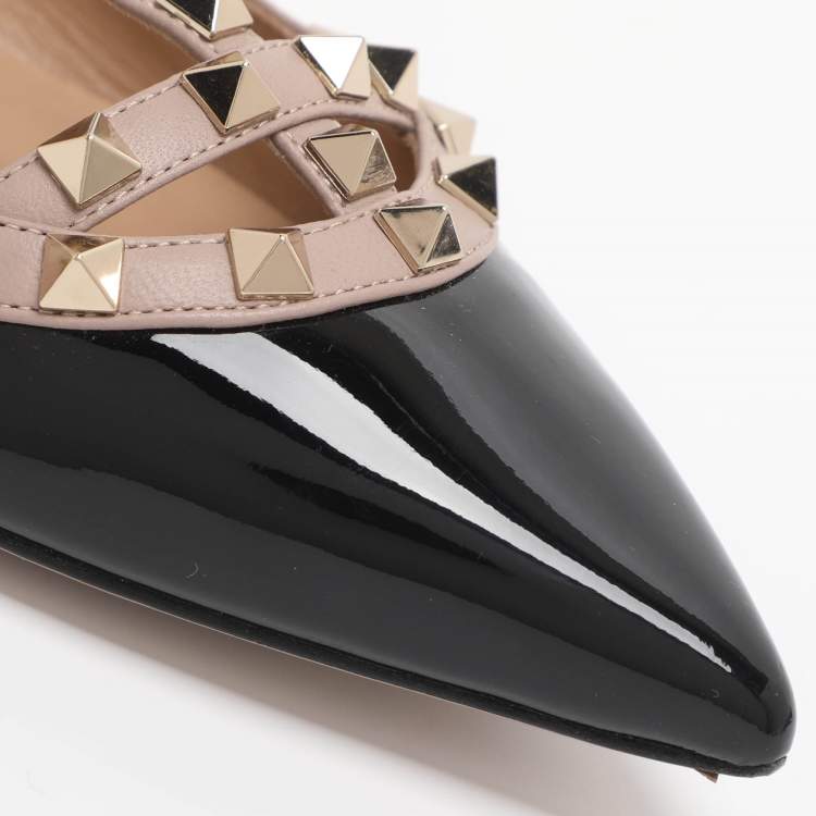 Pre Owned Valentino Rockstud Size 39.5 Black/Beige Patent and Leather Ankle Strap Ballet Flats