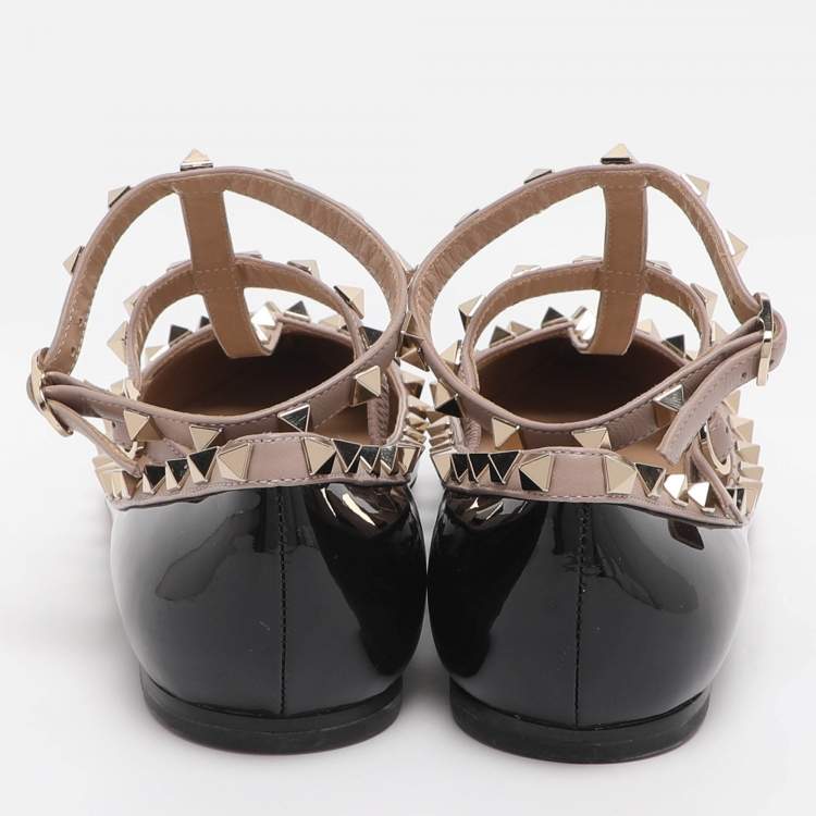 Pre Owned Valentino Rockstud Size 39.5 Black/Beige Patent and Leather Ankle Strap Ballet Flats