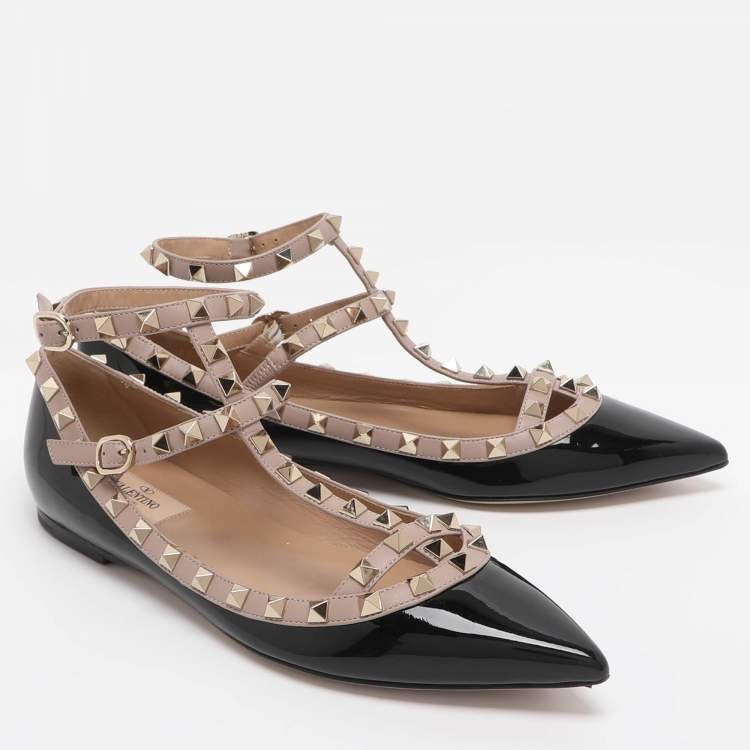 Pre Owned Valentino Rockstud Size 39.5 Black/Beige Patent and Leather Ankle Strap Ballet Flats