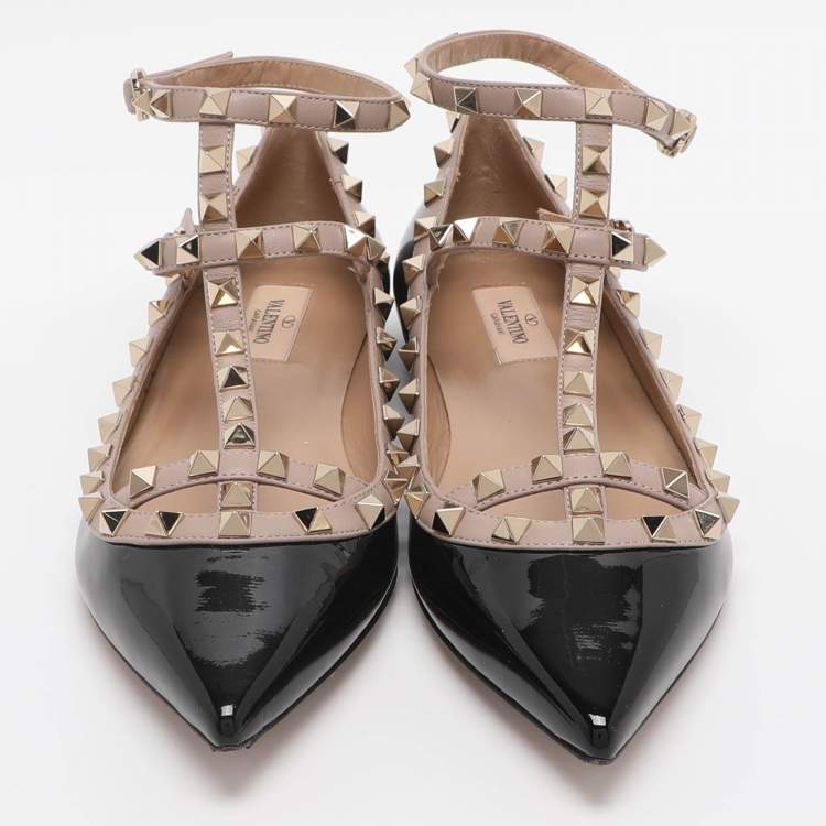 Pre Owned Valentino Rockstud Size 39.5 Black/Beige Patent and Leather Ankle Strap Ballet Flats