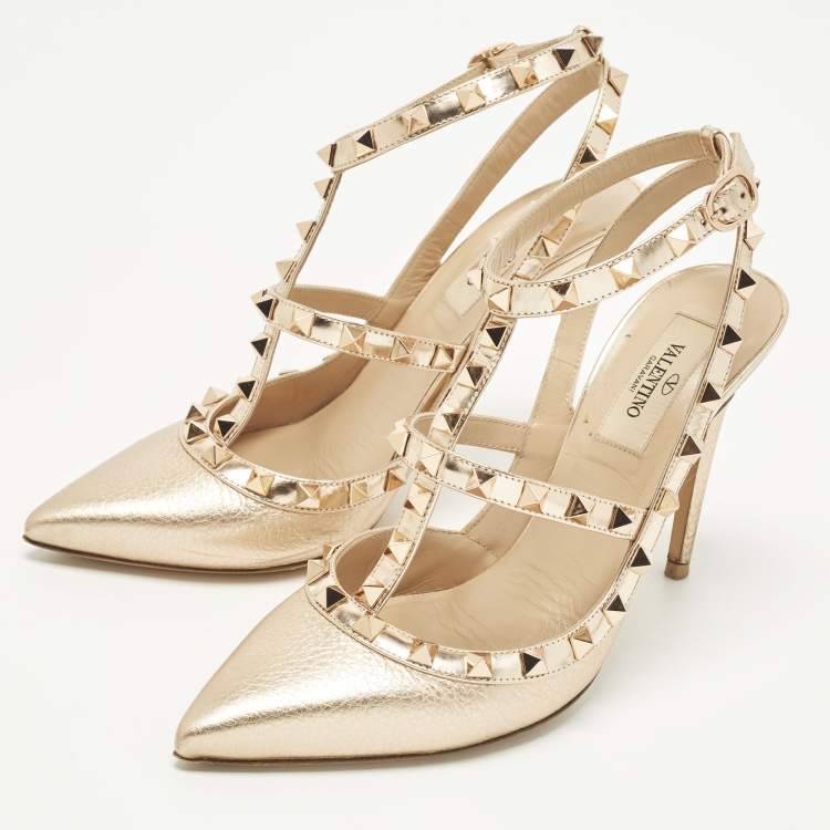 Pre Owned Valentino Rockstud Size 37.5 Metallic Patent Leather Pumps