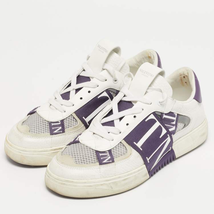 Pre Owned Valentino VLTN Size 39 White/Purple Leather and Mesh Low Top Sneakers