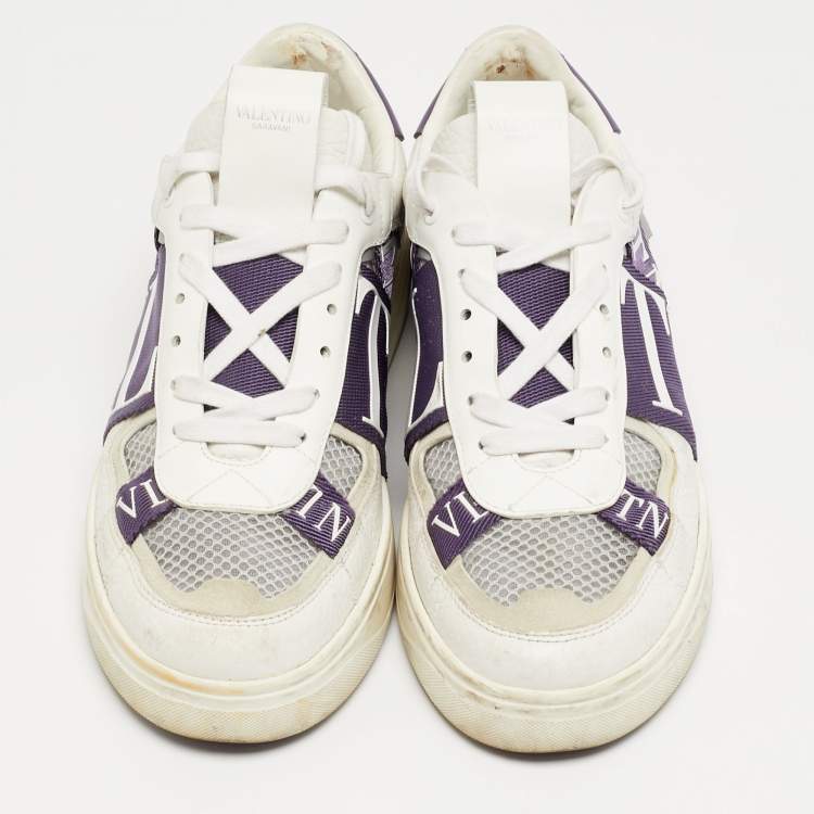 Pre Owned Valentino VLTN Size 39 White/Purple Leather and Mesh Low Top Sneakers