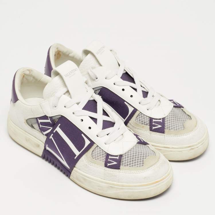 Pre Owned Valentino VLTN Size 39 White/Purple Leather and Mesh Low Top Sneakers
