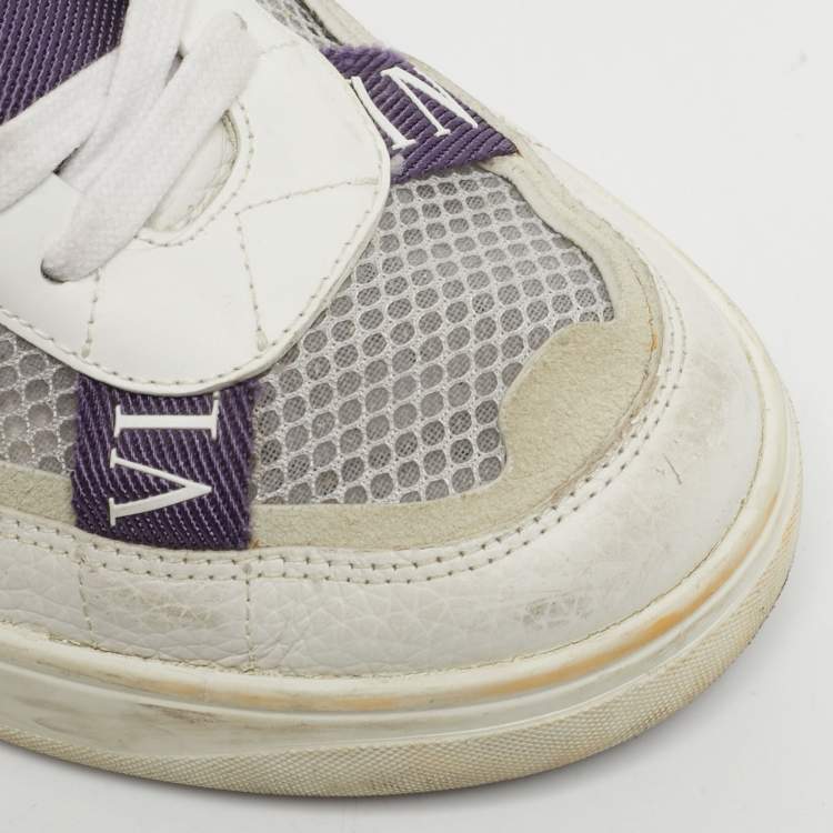 Pre Owned Valentino VLTN Size 39 White/Purple Leather and Mesh Low Top Sneakers