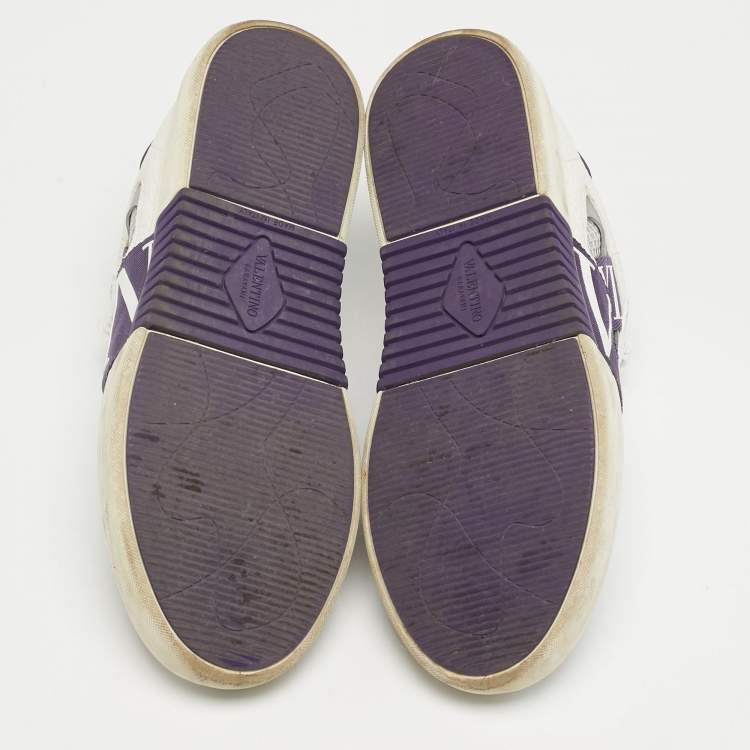 Pre Owned Valentino VLTN Size 39 White/Purple Leather and Mesh Low Top Sneakers