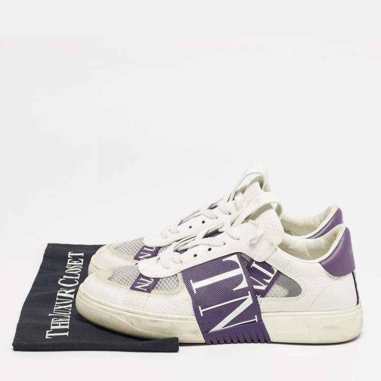 Pre Owned Valentino VLTN Size 39 White/Purple Leather and Mesh Low Top Sneakers