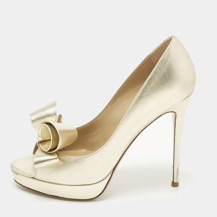 Pre Owned Valentino Couture Bow Size 39 Gold Leather Peep Toe Pumps