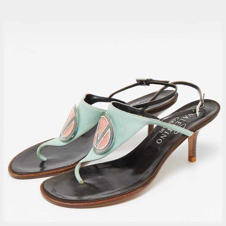 Pre Owned Valentino Size 38 Blue Suede and Leather Crystal Embellished Thong Sandals