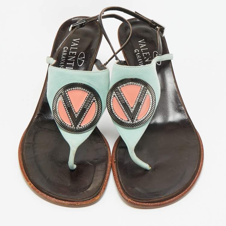 Pre Owned Valentino Size 38 Blue Suede and Leather Crystal Embellished Thong Sandals